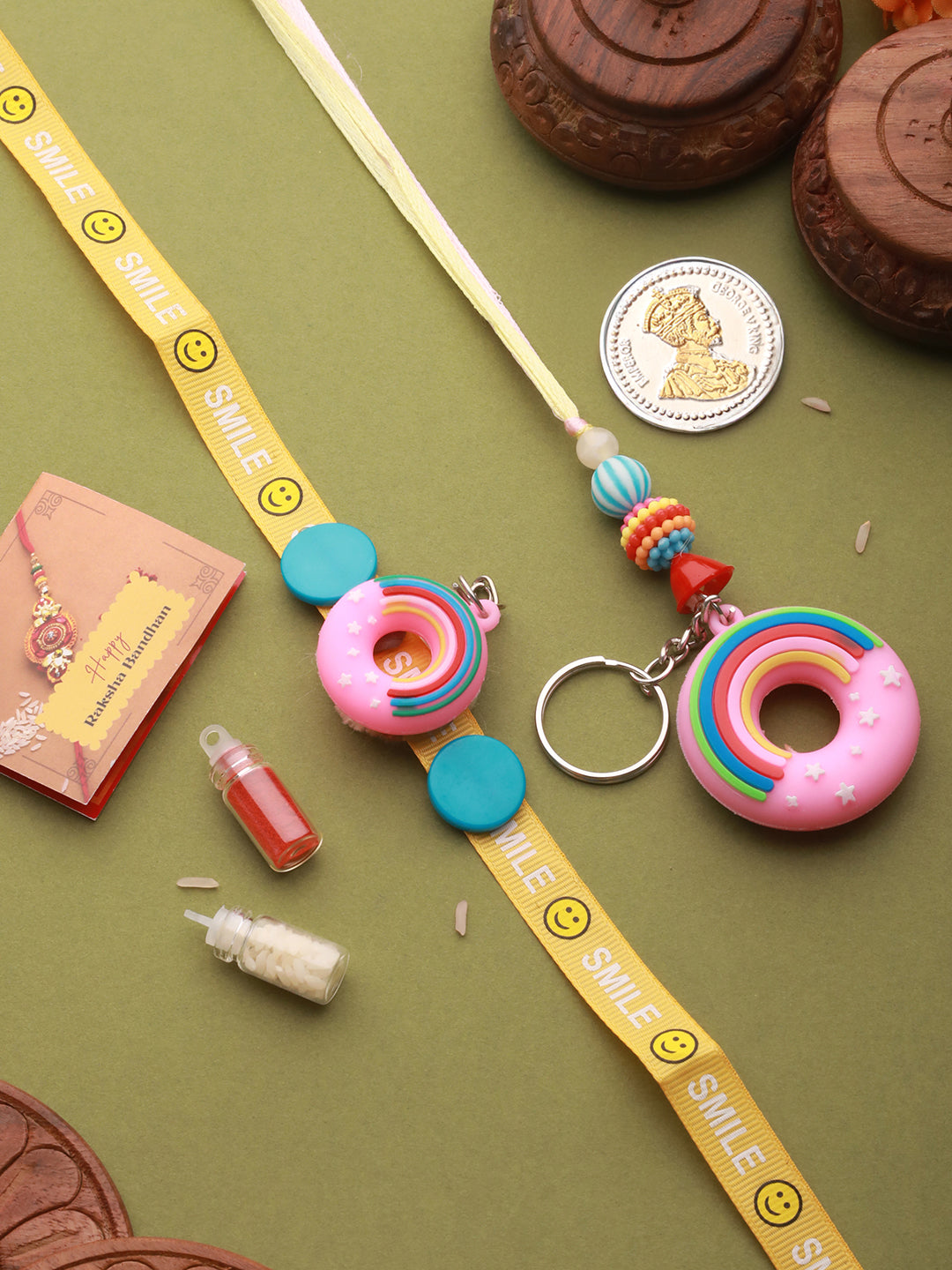 Set of 2 Boy & Girl Donut Key Chain Toy Rakhi with 999 Pure Silver King George 1 gram Silver Coin